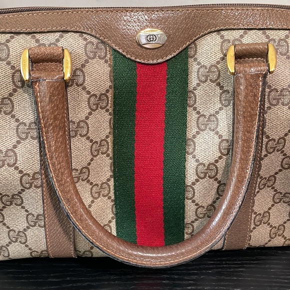 GUCCI Vintage Sherry Line GG Web PVC Canvas Leather Brown Boston Bag Handbag - Picture 9 of 17